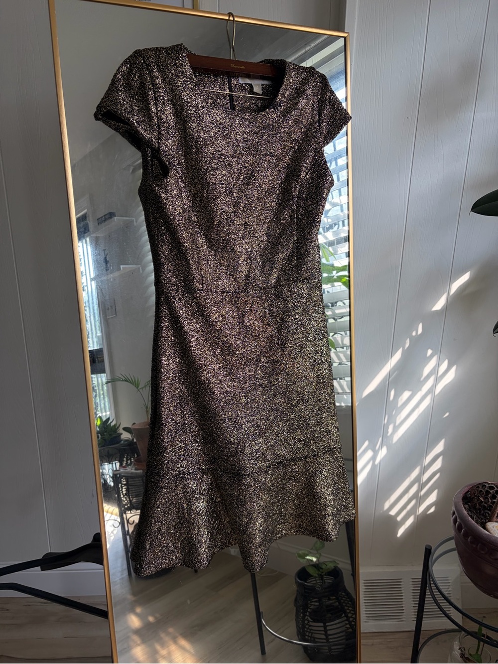 Michael Kors Black and Gold Metallic Cap-Sleeve Fit & Flare Dress